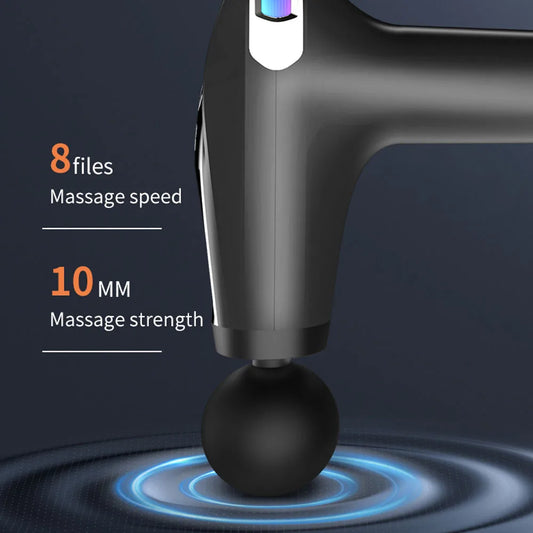Close-up of black mini muscle massage gun showing 8-speed levels and 10mm deep tissue massage strength with ergonomic design.