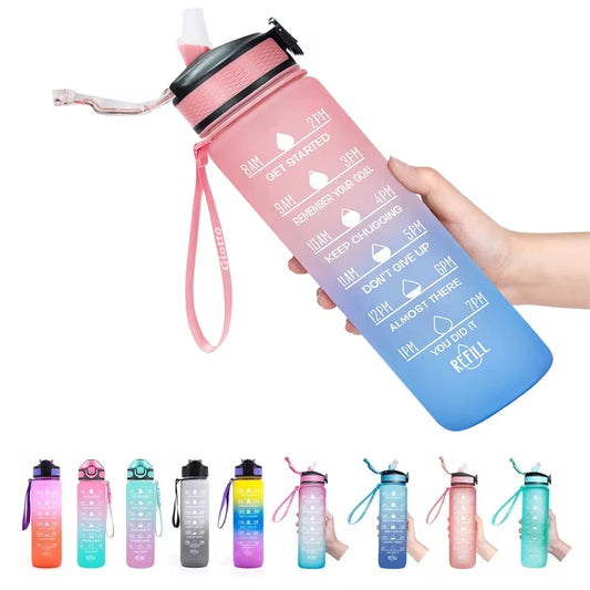 Gradient 32oz motivational water bottle with time markers, BPA-free Tritan plastic, flip-top lid, and carry strap in multiple colors