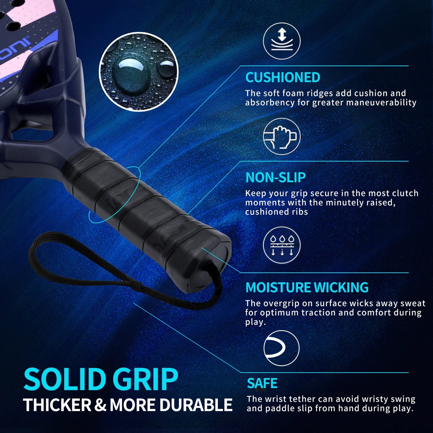 Detailed graphic of padel racquet handle showing cushioned grip, non-slip ribs, moisture wicking surface, and wrist safety tether