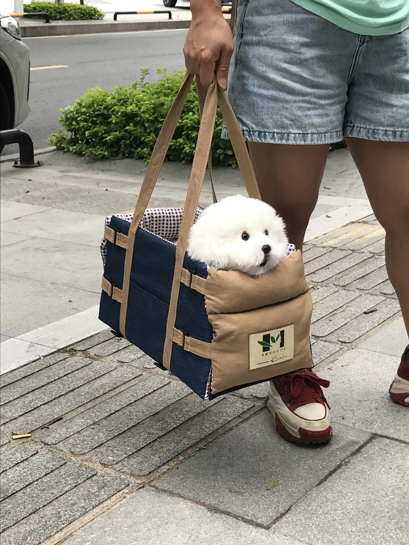 Dog in car seat bag shown being carried along a sidewalk, demonstrating portability and comfort.