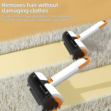 Reusable pet hair roller removing fur from carpet without sticky sheets or adhesive refills.