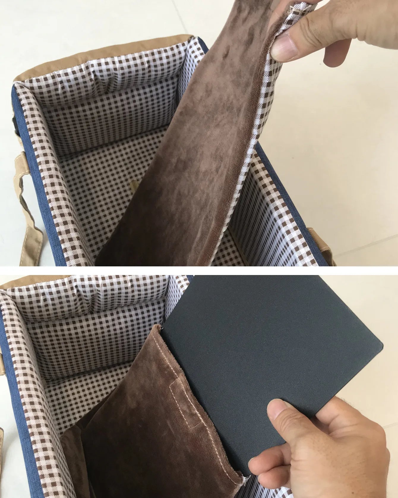 Removable inner lining and storage pocket of the dog car seat, showing easy-to-clean design. BeTrendy