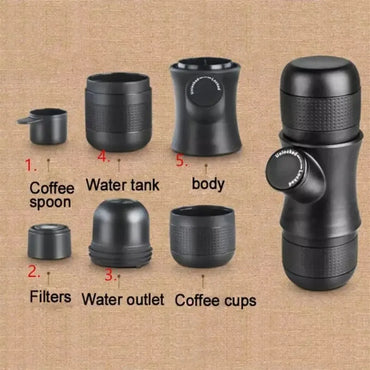 Detailed breakdown of hand press coffee maker parts including coffee spoon, filters, water outlet, water tank, main body, and coffee cup on a burlap background