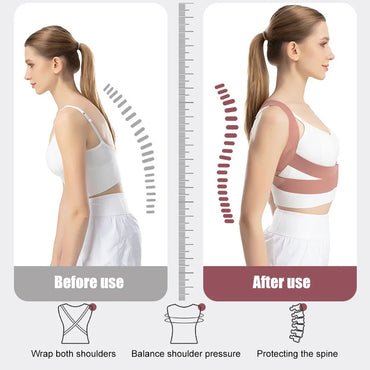 Before and after image of woman using adjustable posture corrector, showing spine alignment improvement and shoulder support benefits
