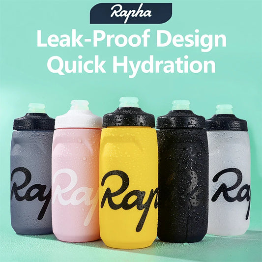 Five colorful Rapha cycling water bottles with leak-proof lids displayed against a teal background, promoting quick hydration and squeeze-to-drink design