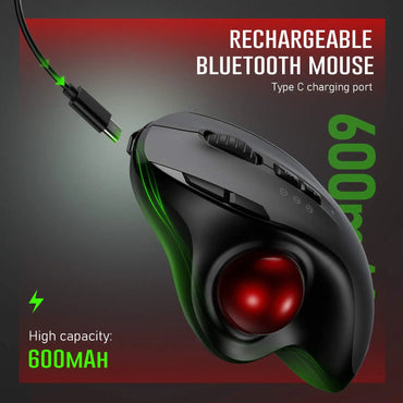 Rechargeable Bluetooth trackball mouse with Type-C port and 600mAh battery, shown charging with green lighting.