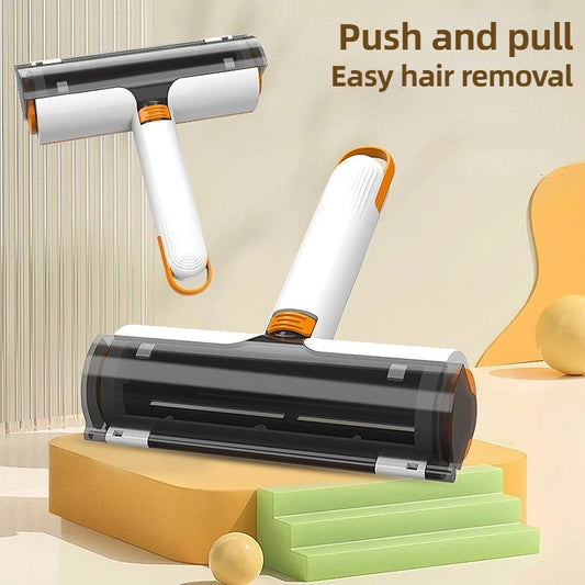 Reusable pet hair remover roller with ergonomic handle shown in push-and-pull motion for easy hair removal without adhesives or batteries.