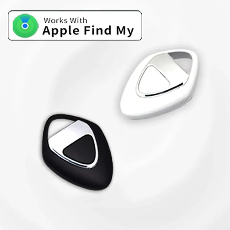 Compact black and white GPS tracker compatible with Apple Find My app, shown with sleek triangular design for keychains, bags, or pets