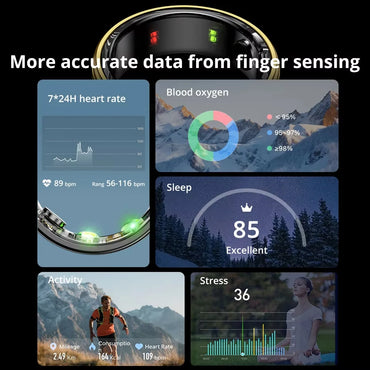 Smart ring health tracking dashboard showing heart rate, sleep score, blood oxygen, and stress levels.