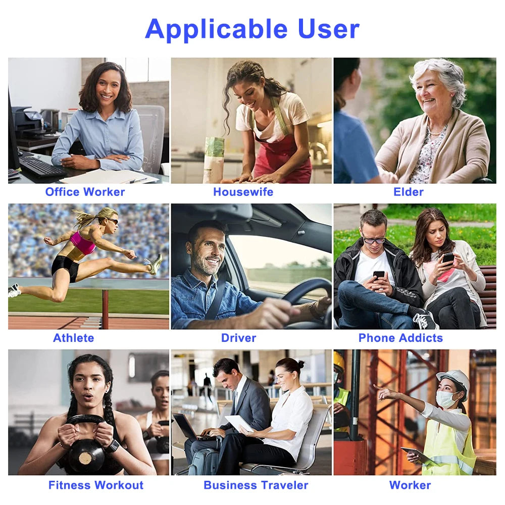 Suggested users of EMS stimulator including office workers, athletes, seniors, and students