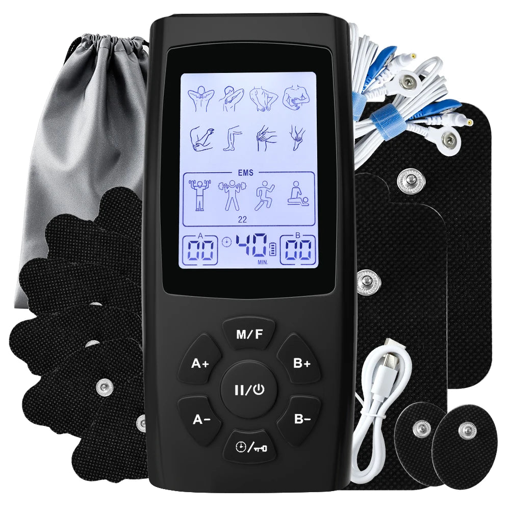 Complete TENS EMS kit with 10 electrode pads, cables, device, and carry pouch