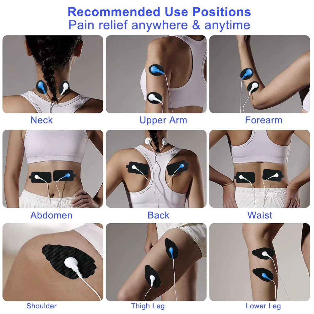 Diagram showing recommended pad placements for pain relief on neck, arms, abdomen, and legs