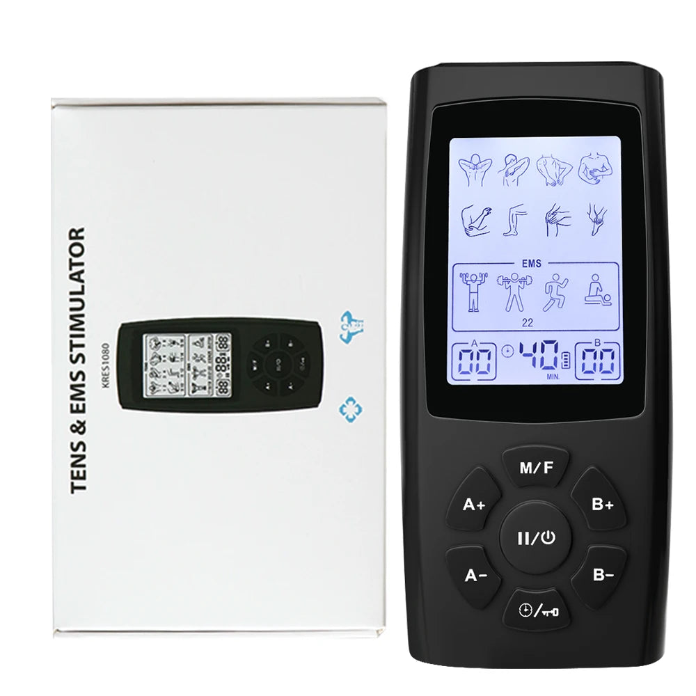 EMS TENS unit shown with its retail packaging and LCD screen interface