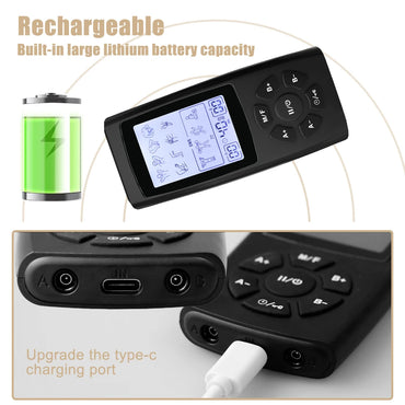 Close-up of TENS EMS muscle stimulator showing rechargeable Type-C charging port and buttons