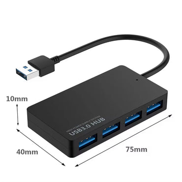 Compact USB 3.0 hub with 4 ports and labeled dimensions of 75mm x 40mm x 10mm, ideal for tight spaces.