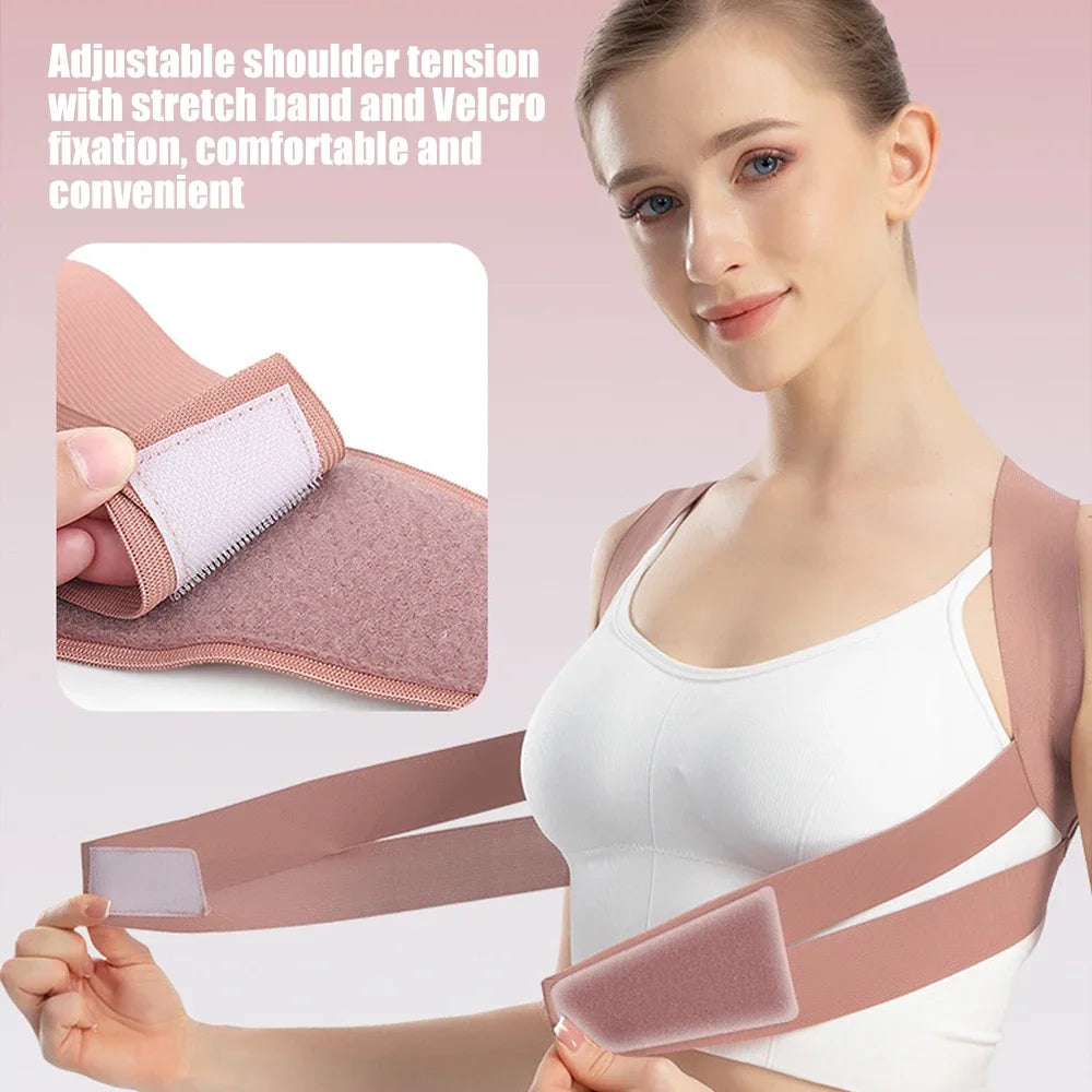 Close-up of adjustable posture corrector showing Velcro stretch band for customizable shoulder tension and comfortable support