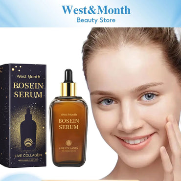 West Month Bosein Serum with live collagen – anti-aging firming facial serum for radiant skin, featured with packaging and smiling model BeTrendy