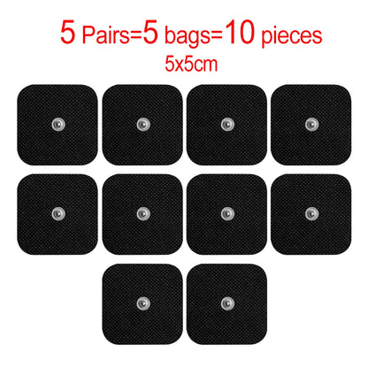 Pack of 10 square TENS EMS electrode pads (5 pairs), reusable and adhesive