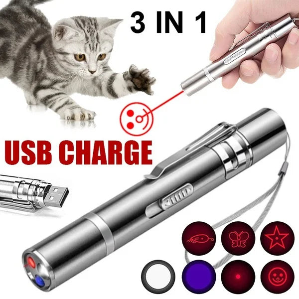 3-in-1 USB rechargeable laser pointer toy for cats and dogs with fun light patterns and interactive play.