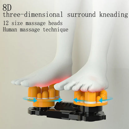 8D surround kneading massage system with 12 massage heads shown under feet