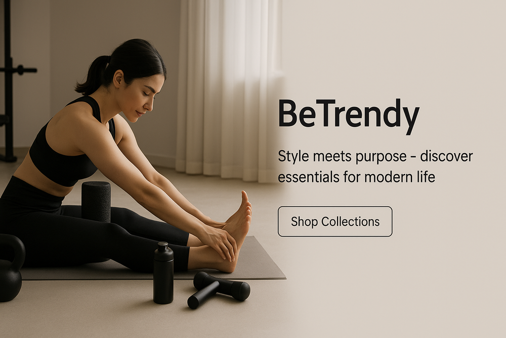 Woman stretching on yoga mat with black recovery gear in a minimalist room — BeTrendy hero image for fitness and wellness essentials.