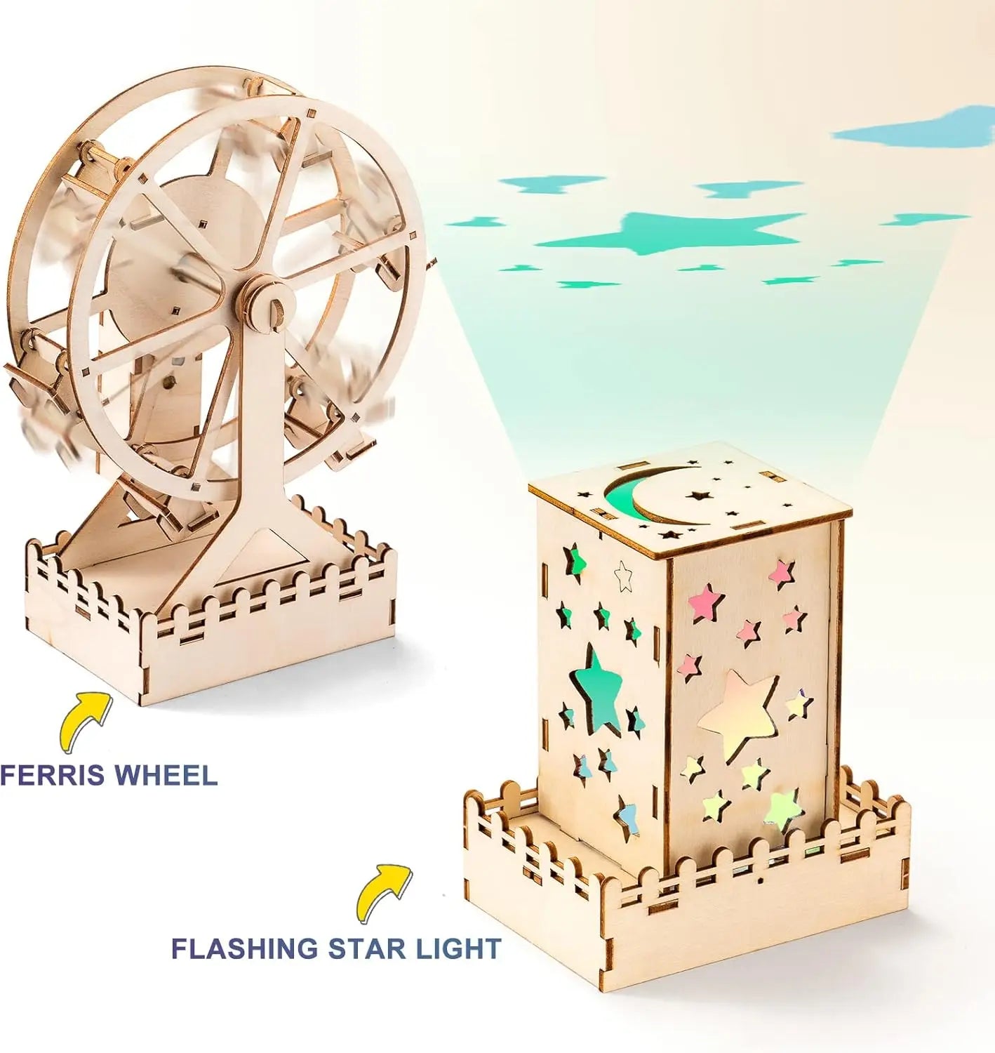 Wooden Ferris wheel and star projector nightlight DIY STEM toys for children with electric functionality