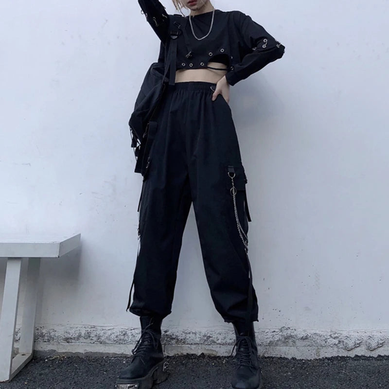 Women's Harajuku High-Waist Cargo Joggers – Punk Harem Pants with Chain & Pockets