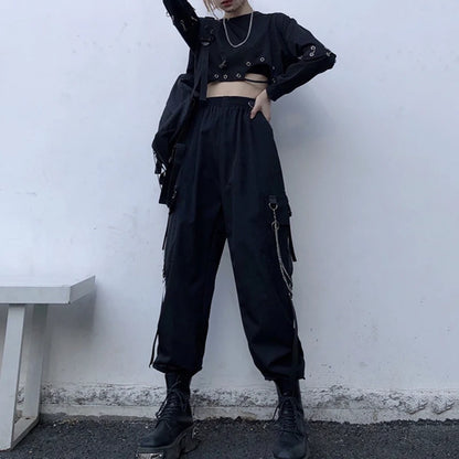Women's Harajuku High-Waist Cargo Joggers – Punk Harem Pants with Chain & Pockets