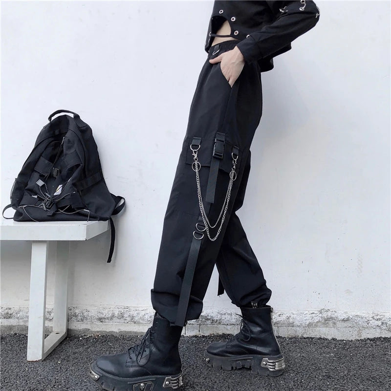 Women's Harajuku High-Waist Cargo Joggers – Punk Harem Pants with Chain & Pockets