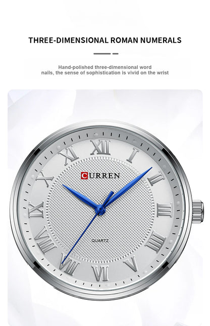 CURREN Men’s Classic Quartz Watch – Stainless Steel Band, Roman Numeral Dial for Business Casual Style