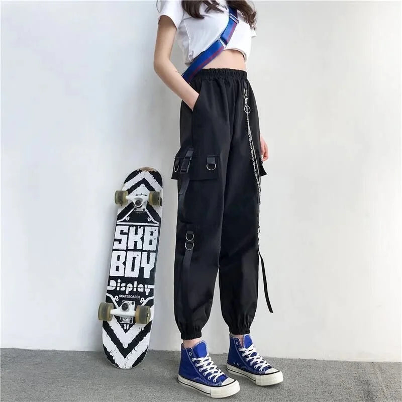 Women's Harajuku High-Waist Cargo Joggers – Punk Harem Pants with Chain & Pockets