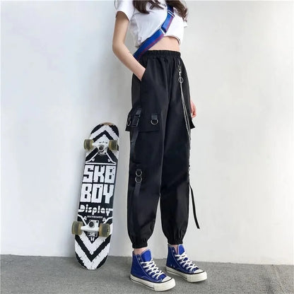 Women's Harajuku High-Waist Cargo Joggers – Punk Harem Pants with Chain & Pockets