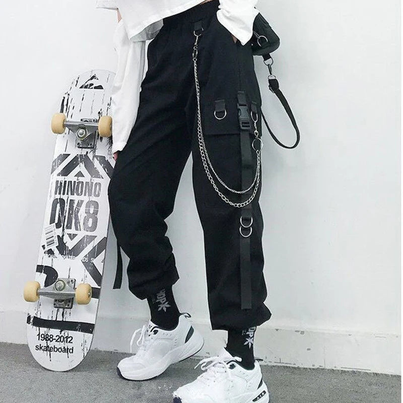 Women's Harajuku High-Waist Cargo Joggers – Punk Harem Pants with Chain & Pockets