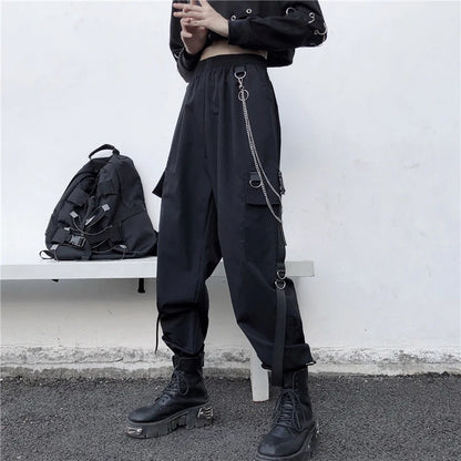 Women's Harajuku High-Waist Cargo Joggers – Punk Harem Pants with Chain & Pockets