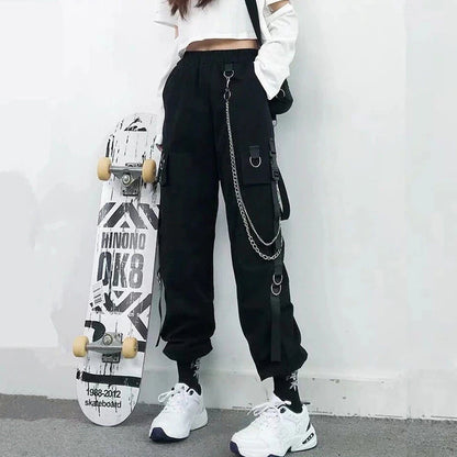 Women's Harajuku High-Waist Cargo Joggers – Punk Harem Pants with Chain & Pockets