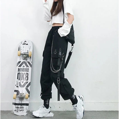 Women's Harajuku High-Waist Cargo Joggers – Punk Harem Pants with Chain & Pockets