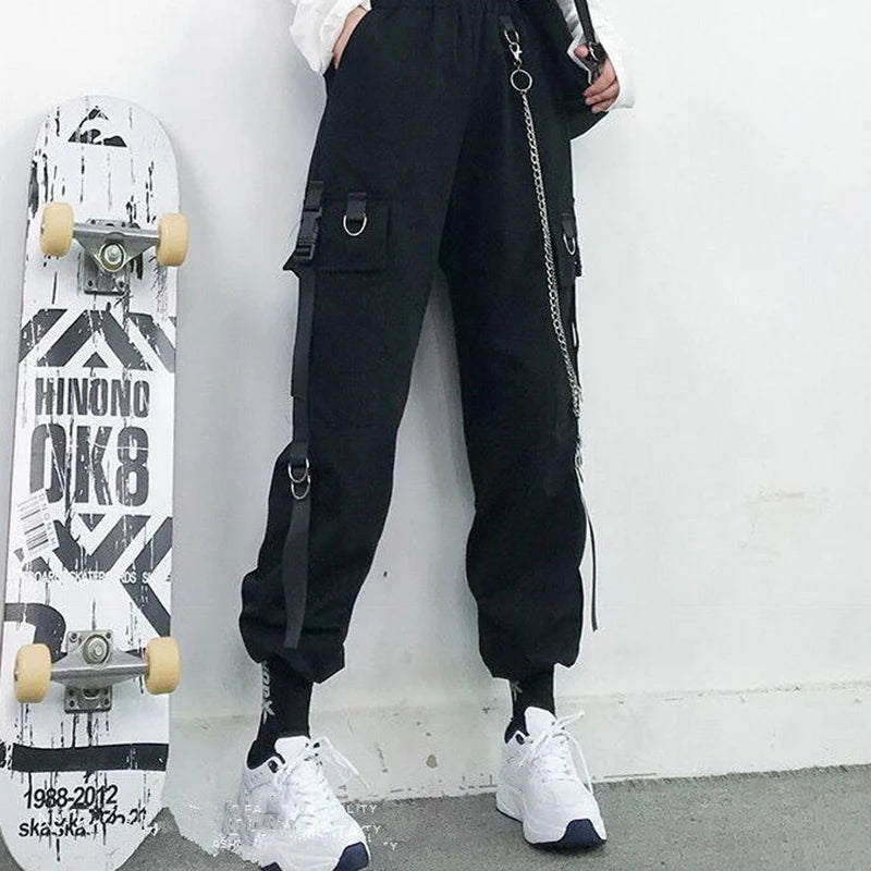Women's Harajuku High-Waist Cargo Joggers – Punk Harem Pants with Chain & Pockets