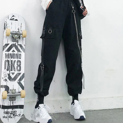 Women's Harajuku High-Waist Cargo Joggers – Punk Harem Pants with Chain & Pockets