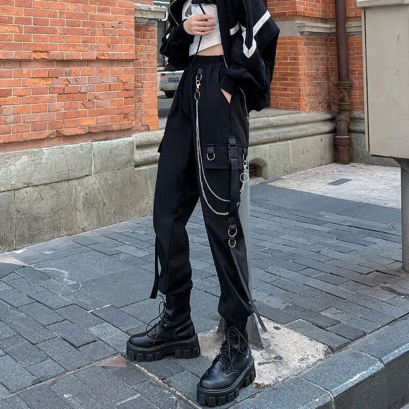 Women's Harajuku High-Waist Cargo Joggers – Punk Harem Pants with Chain & Pockets