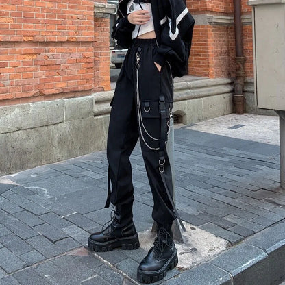 Women's Harajuku High-Waist Cargo Joggers – Punk Harem Pants with Chain & Pockets