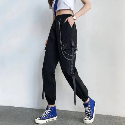 Women's Harajuku High-Waist Cargo Joggers – Punk Harem Pants with Chain & Pockets