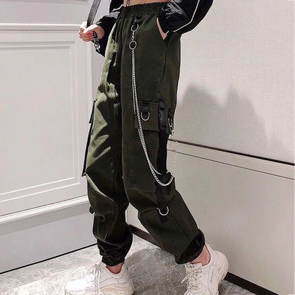 Women's Harajuku High-Waist Cargo Joggers – Punk Harem Pants with Chain & Pockets