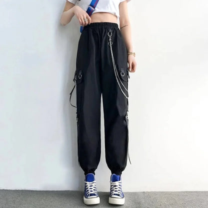 Women's Harajuku High-Waist Cargo Joggers – Punk Harem Pants with Chain & Pockets