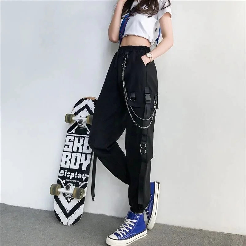 Women's Harajuku High-Waist Cargo Joggers – Punk Harem Pants with Chain & Pockets