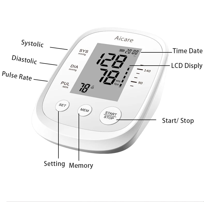AICARE Blood Pressure Monitor Upper Arm Automatic Tonometer Digital Blood Pressure Meter BP Medical Sphygmomanometer Pulse