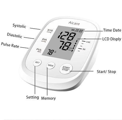 AICARE Blood Pressure Monitor Upper Arm Automatic Tonometer Digital Blood Pressure Meter BP Medical Sphygmomanometer Pulse