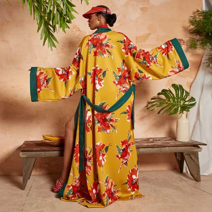 New Elegant Japanese Kimono Robe with Obi – Floral Print Silk Yukata Pajamas for Women
