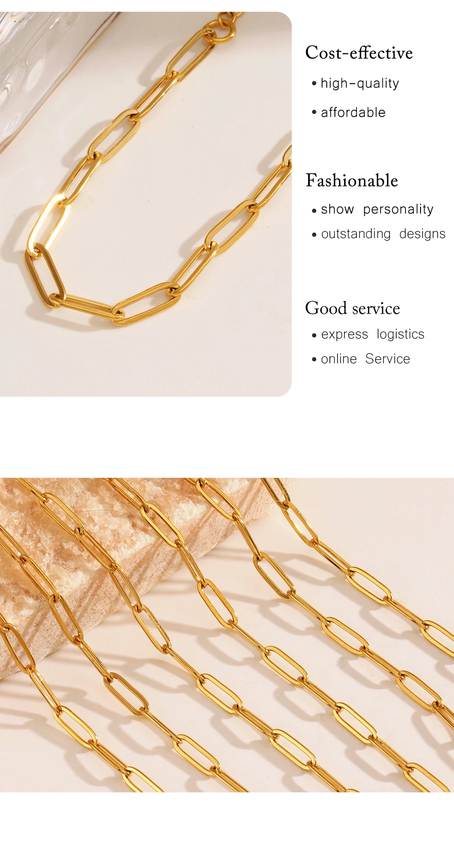 Minimalist Gold Chain Necklace & Chunky Paperclip Bracelet – Waterproof Stainless Steel Jewelry Gift