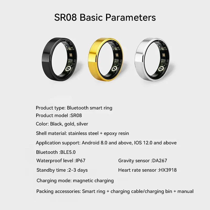 SR08 Smart Ring – 2025 Bluetooth Health Tracker with Sleep, Heart Rate & Activity Monitoring (Unisex)