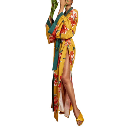 New Elegant Japanese Kimono Robe with Obi – Floral Print Silk Yukata Pajamas for Women